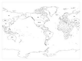  World map country border outline on white background. With country name labels. America centered map of World. Vector illustration.