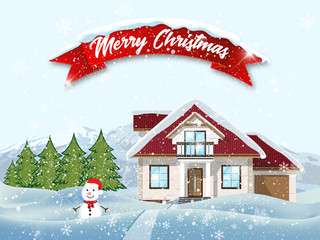 Wall Mural - Happy New Year and Merry Christmas. Winter landscape with a small house and forest at the foot of the mountains. Red ribbon. Christmas card. Vector illustration.