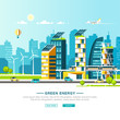 Green energy and eco friendly city. Urban landscape with modern houses and city transport. Vector illustration.
