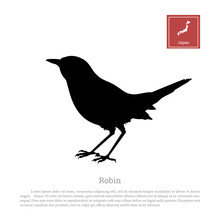 Black Silhouette Of A Japanese Robin On White Background. Erithacus Rubecula. Animals Of Japan