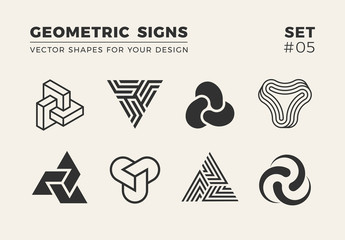 set of eight minimalistic shapes. stylish vector logo emblems for your design. simple creative geome