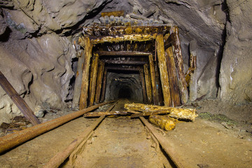 Underground mine shaft with collapsed timbering iron ore mining industry