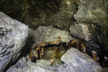 Collapsed tunnel gallery drift in the undegriund ore mine shaft