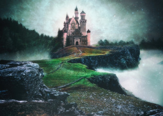 A photo manipulation of a castle above the clouds in a magical setting