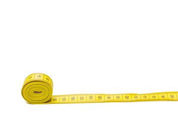 yellow metric measuring tape isolated on white panorama background