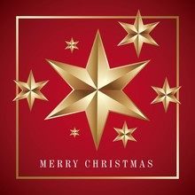 Merry Christmas Card Golden Big Star With Red Background