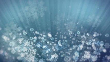 Wall Mural - blue holiday background with rays, snowflakes and sparkles. computer generated seamless loop abstrac