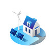 Green energy and eco friendly modern house. Solar panels and wind turbine generating electricity. Isometric vector illustration.