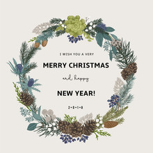 Vintage Vector Card. I Wish You A Very Merry Christmas And Happy New Year. The Wreath Of Branches Of Different Trees. Modern Floristics. Colorful