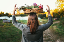 Teen Girl Balancing Basket Of Fresh-cut Flowers On Head