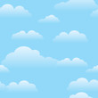 Seamless repeating pattern of fluffy white cartoon clouds on a sunny blue sky background