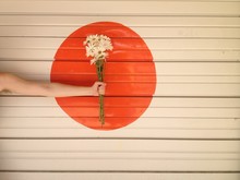 Holding Flowers In Front Of Orange Circle