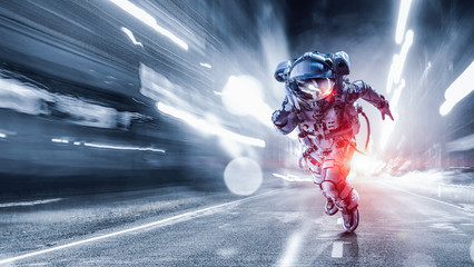 spaceman running fast. mixed media