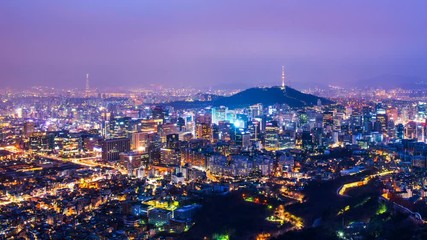 Fototapete - Cityscape of Seoul with Seoul tower at night, South Korea.