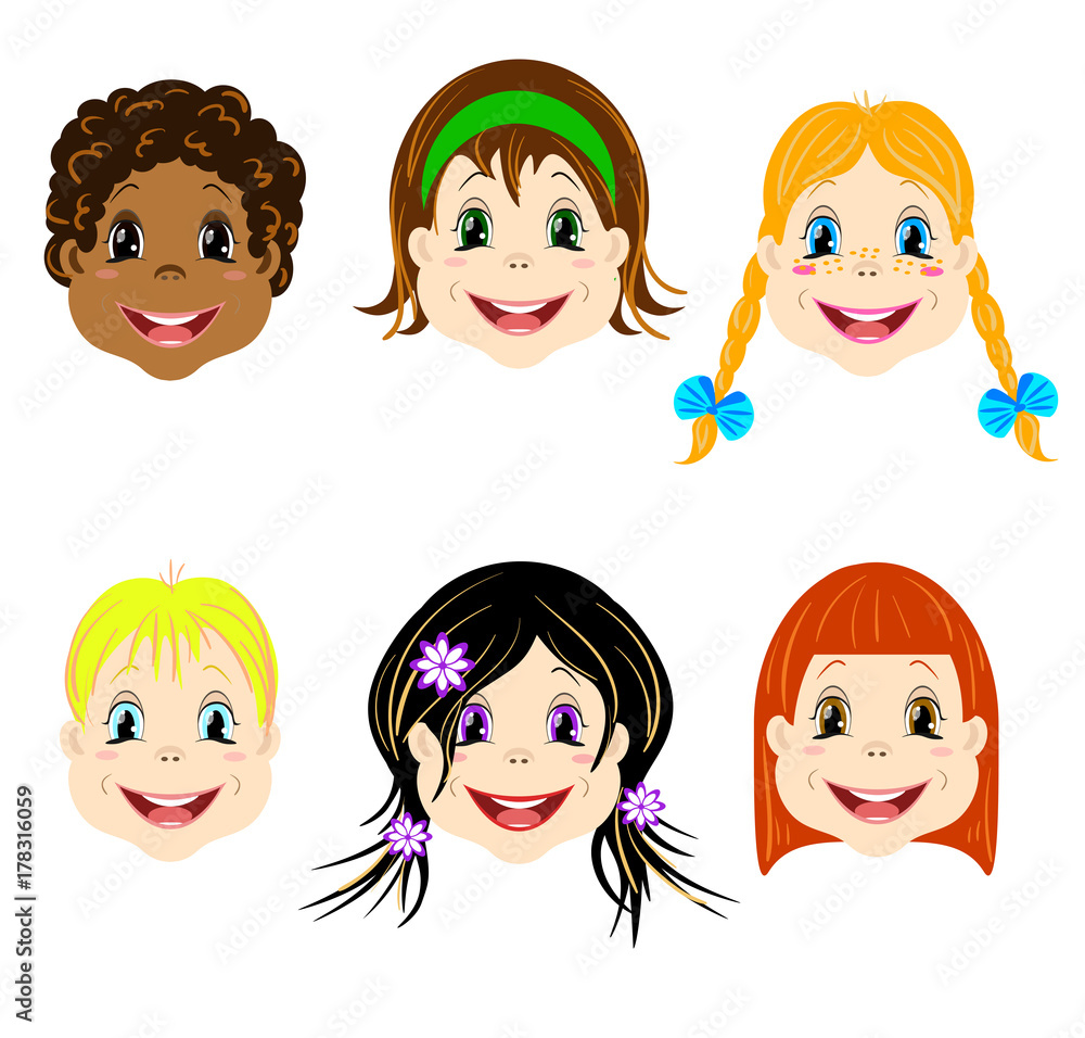 Vector set of children heads with different types of haircut and colors ...