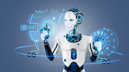Leinwandbilder - Robot cybernetic organism works with a virtual HUD interface in augmented reality. Humanoid robot with a plastic face presses the button on the digital screen. Future concept.