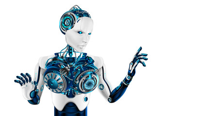 Leinwandbilder - humanoid robot woman points the forefinger. beautiful cybernetic woman's body. Artificial intelligence makes a decision or makes a choice. Future concept