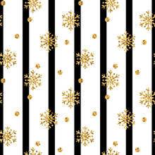 Christmas Gold Snowflake Seamless Pattern. Golden Glitter Snowflakes On Black White Lines Background. Winter Snow Texture Design Wallpaper Symbol Holiday, New Year Celebration Vector Illustration