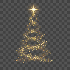 Wall Mural - Christmas tree on transparent background. Gold Christmas tree as symbol of Happy New Year, Merry Christmas holiday celebration. Golden light decoration. Bright shiny design Vector illustration