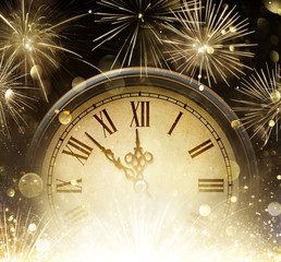 Wall Mural - Waiting Midnight - Clock And Fireworks - Happy New Year
