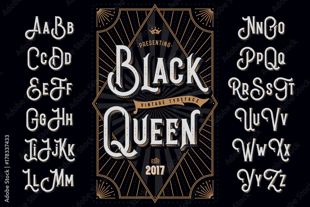 Decorative typeface named "Black Queen" with extruded lines effect and vintage label template - obrazy, fototapety, plakaty 