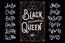 Decorative Typeface Named "Black Queen" With Extruded Lines Effect And Vintage Label Template