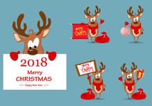 Merry Christmas Greeting Card With Funny Reindeer. Set Of Vector Illustrations