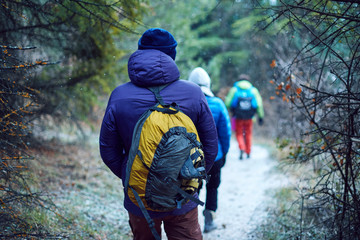 Wall Mural - hikers on the trail in the Crimea mountains at winter