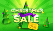 Christmas sale banner. Promotion design template with poly trees, coupon and Christmas Decorations. 3 Day sale. Vector illustration