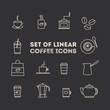 coffee icon set. Line coffee elements isolated on brown background. Vector illustration