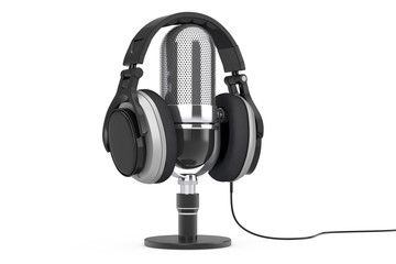 Leinwandbilder - Black Headphones over Microphone. 3d Rendering