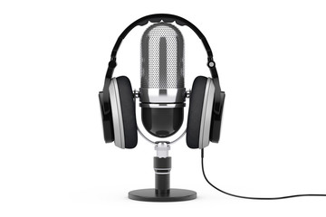 Leinwandbilder - Black Headphones over Microphone. 3d Rendering