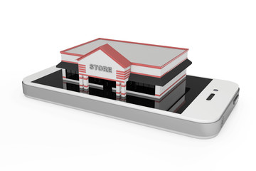 Poster - Online Shopping Concept. Large Store Building over Abstract Mobile Phone. 3d Rendering