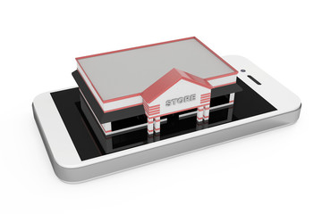 Poster - Online Shopping Concept. Large Store Building over Abstract Mobile Phone. 3d Rendering