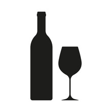 Wine Bottle With Wine Glass Icon Isolated On White Background. Vector Illustration.