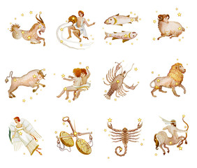 Wall Mural - Set of twelve signs of the zodiac, watercolor in retro style. Isolated on white background