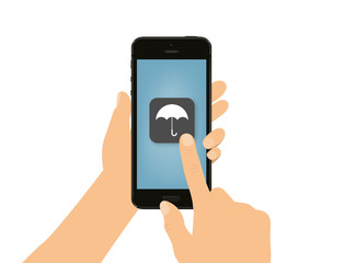 Sticker - Hand tippt auf Smartphone - Regenschirm