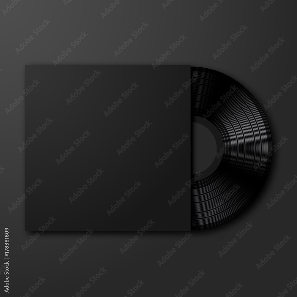 Vector vinyl record on black background. Stylish vinyl with black blank empty cover mockup template with copyspace for your design. - obrazy, fototapety, plakaty 