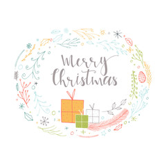 Wall Mural - Cute gift cards with wreath, presents and hand drawn Christmas lettering.