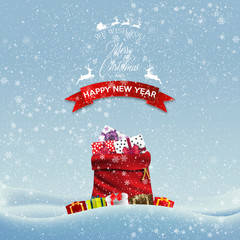 Poster - Happy New Year and Merry Christmas. Christmas red bag with gifts from Santa Claus. Winter background layout. Vector illustration. 