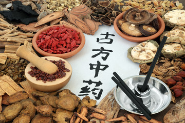 Poster - Herbs used in chinese herbal medicine with moxa sticks used in alternative moxibustion therapy. Calligraphy script translates as traditional ancient chinese medicine.