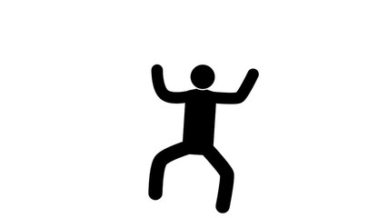 Wall Mural - Happy Pictogram man dances with joy with his hands up. Loop animation with  included alpha channel.