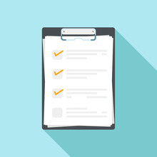 Vector Illustration Of Clipboard With Check List. Flat Design With Long Shadow