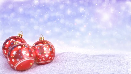 Wall Mural - red christmas balls in snow on bokeh background - 3D render. Seamless loop