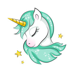 cute magical unicorn is dreaming. vector design isolated on white background. print for t-shirt or s