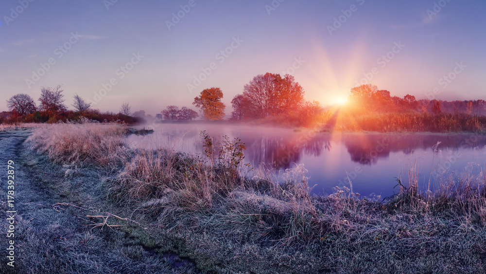 Sunrise on autumn frosty nature. Landscape of bright dawn over river. grass with hoarfrost shining on sun lights - obrazy, fototapety, plakaty 
