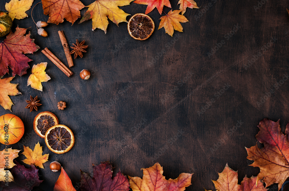 Autumn Background With Candied Oranges, Nuts and Spices - obrazy, fototapety, plakaty 