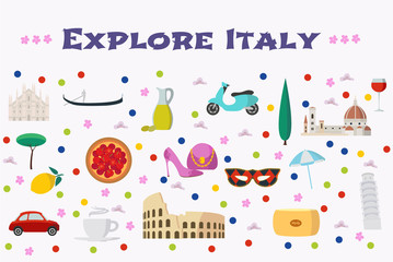 Wall Mural - Italy vector illustration with Italian landmarks, food as background