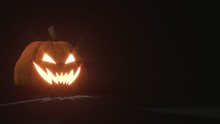 3d Rendering Of A Scary Smiling Jack O Lantern Halloween Pumpkin On Dark Background.