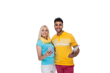 Sticker - Beautiful Young Happy Couple Love Smiling Embracing Hold Tablet Computer Cell Smart Phone, Hispanic Man Woman Smile Isolated Over White Background